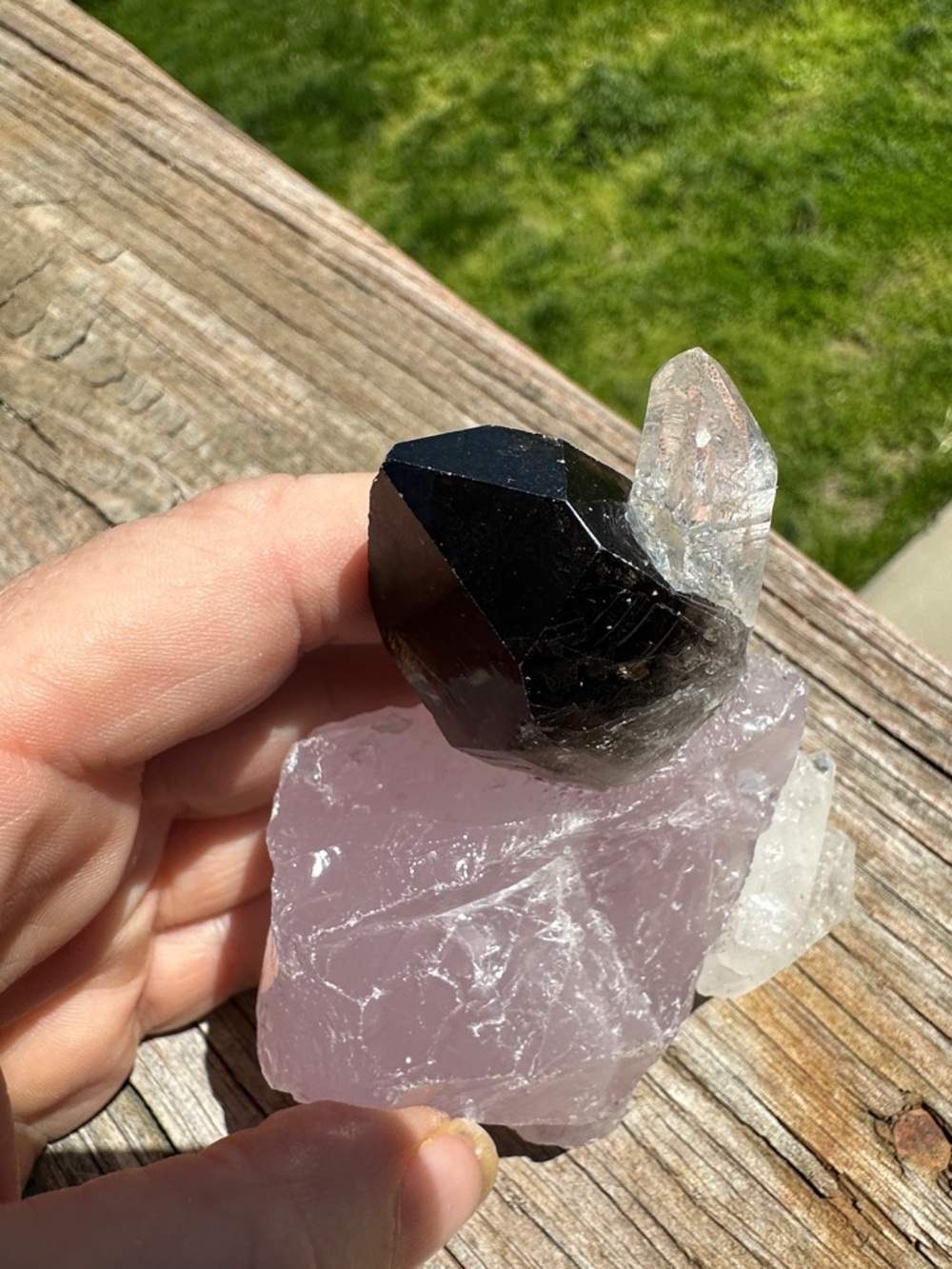 Handmade Rose Quartz Cluster with Smoky & Clear Quartz Accent - Picture 3 of 6